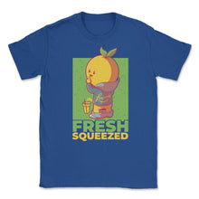 Load image into Gallery viewer, Lemonade Fresh Squeezed Kawaii Lemon Peeing In Glass Graphic (Front - Royal Blue
