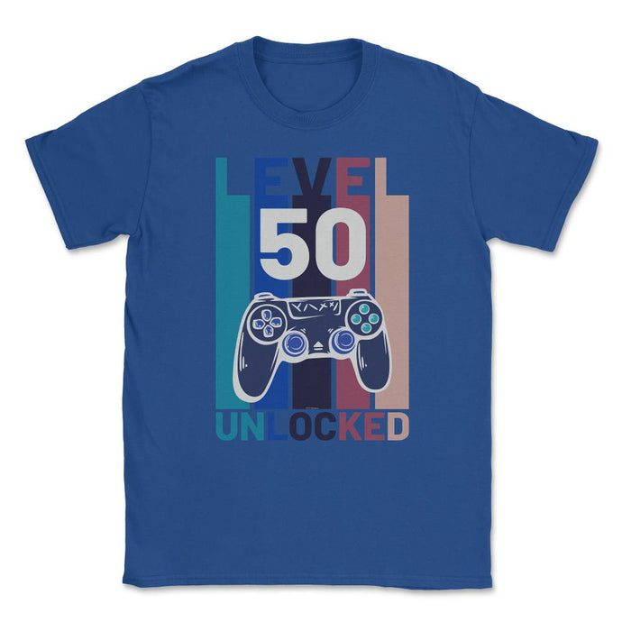Funny 50th Birthday Vintage Gamer Level 50 Unlocked Design (Front - Royal Blue