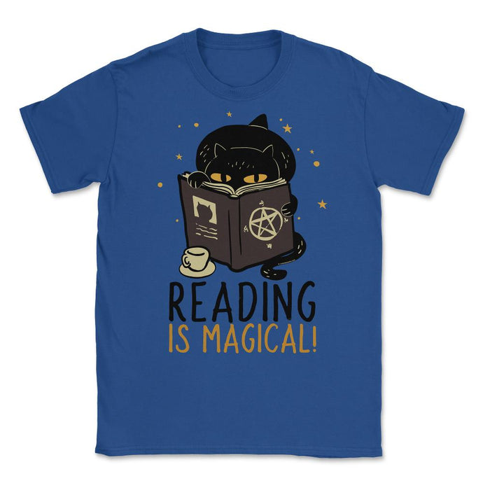 Reading Is Magical! Funny Black Kitten Reading Witchcraft Graphic ( - Royal Blue